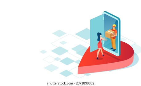 Vector of a delivery man with a box coming out of smart phone door and delivering a package to a female customer 