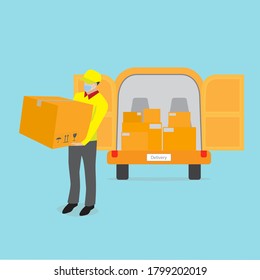 Vector of delivery man with face mask. Stay home buy online concept during Covid-19 or Coronavirus pandemic. A courier holding box package with delivery van on blue background illustration design