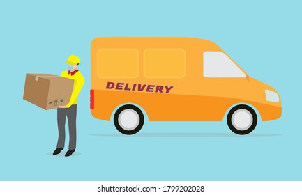 Vector of delivery man with face mask. Stay home buy online concept during Covid-19 or Coronavirus pandemic. A courier holding box package with delivery van on blue background illustration design
