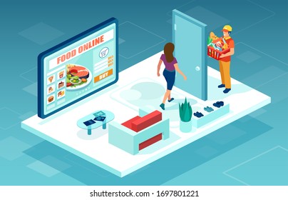 Vector of a delivery man with a grocery box at the door of a customer completing online food order 