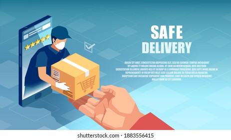 Vector of a delivery man in protective face mask and gloves giving a box to customer shopping online