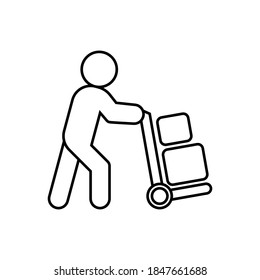 Vector Delivery man pushing hand truck icon, cargo trolley symbol on isolated white background for UI/UX and website.