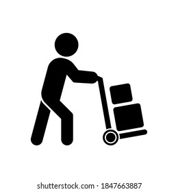 Vector Delivery man pushing hand truck icon, cargo trolley symbol on isolated white background for UI/UX and website.