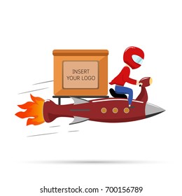 Vector Delivery man riding red Scooter Rocket. Flat Design style illustration