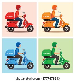 Vector of Delivery Man set with 4 color theme as red, orange, blue and green. Man riding scooter for delivery service.