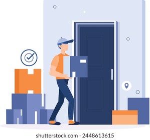 Vector delivery man shipment package boxes to receiver to homedoor to door delivery delivery service