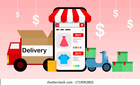 Vector Delivery Online Shopping On Smartphone On Clear Background, Illustration