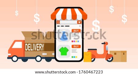 Vector delivery online shopping on interface of smartphone on clear background, delivery service concept, delivery truck and delivery motorcycle, online shopping cart with goods concept, illustration