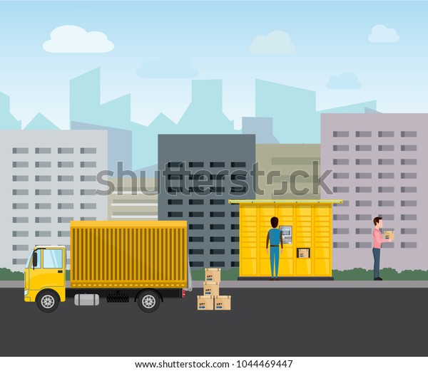 Vector\
delivery self service. E-commerce automat with packages. Postal\
service terminal on the street with car and order packages. Parcel\
service without courier. Online order\
realization