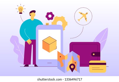 Vector delivery service design concept web banner with big modern flat line man, wallet, credit card, box, map icons. Logistics illustration with app screen on mobile device 
