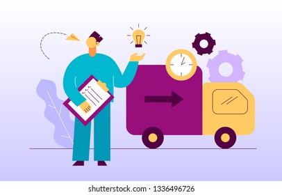 Vector delivery service design concept web banner with big modern flat line man, light bulb, truck, clock icons. Logistics worker  with check list illustration 