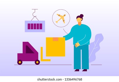 Vector delivery service design concept web banner with big modern flat line woman, loader, box, plane icons. Logistics illustration