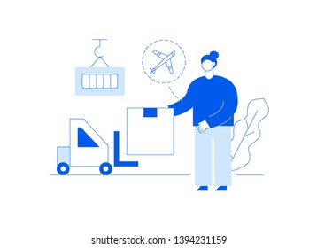 Vector delivery service design concept web banner with big modern flat line woman, loader, box, plane icons. Logistics illustration