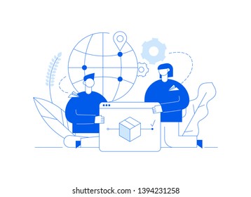 Vector delivery service design concept web banner with big modern flat line man and woman, webpage, box, map icons. Logistics illustration with tracking app screen on website