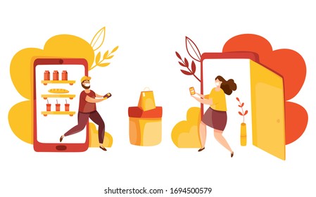 Vector de servicio de entrega. Entrega sin contacto durante la cuarentena. Seguimiento de pedidos en línea, en casa y en la oficina. Compras en línea.  Pago remoto.  Teléfono inteligente con aplicación móvil de entrega. С.