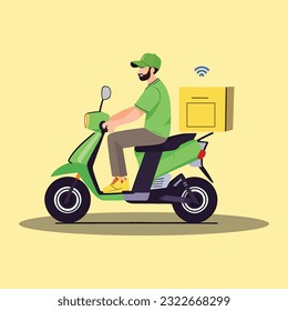 Vector delivery service,delivery guy on motor scooter,fast and free delivery logo with bike man or courier Take away concept illustration.