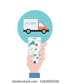 Vector delivery tracking poster with hand holding world map with navigation pins in mobile application in smartphone screen and cargo truck. Online shipping banner background.