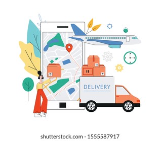 Vector delivery tracking poster with woman holding package near world map with navigation pins, cargo truck, plane and mobile application in smartphone screen. Online shipping banner background.