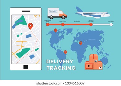 Vector delivery tracking poster with world map with navigation pins, delivery timeline, cargo truck, plane, parcel boxes and mobile application in smartphone screen. Online shipping banner background.