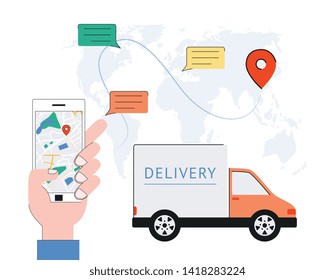 Vector delivery tracking poster with world map with navigation pins, cargo truck, communication chat bubbles and mobile application in smartphone screen. Online shipping banner background.