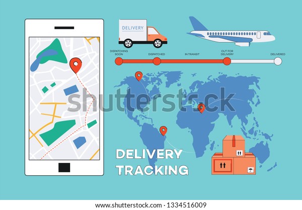 Vector delivery tracking poster with world\
map with navigation pins, delivery timeline, cargo truck, plane,\
parcel boxes and mobile application in smartphone screen. Online\
shipping banner\
background.