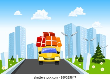 Vector delivery truck distributes goods