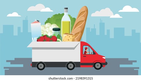 Vector delivery truck, fast free shipping. Food and drink delivery Vector illustration