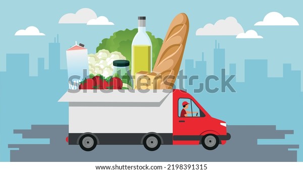 Vector delivery truck, fast free shipping.\
Food and drink delivery Vector\
illustration