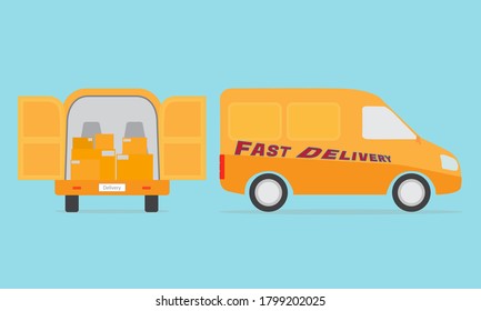 Vector of delivery van. Buy online fast delivery service. Side and rear view of delivery truck on blue background. illustration