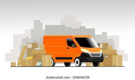 Vector Delivery Van With Cardboard Boxes On The Background Of Mountains From Boxes. Transportation Of Goods, Furniture, Food Delivery. Fast Service Car. Delivery Problems, 
Disruptions In Mail.