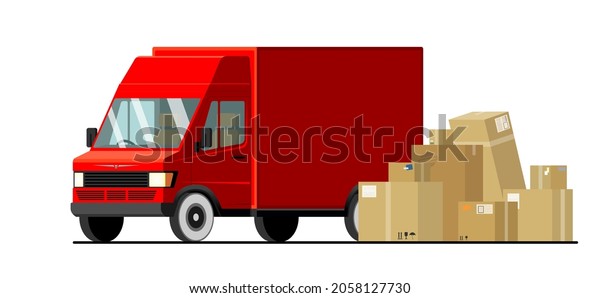 Vector delivery van with\
cardboard boxes. Transportation of goods, furniture, food delivery.\
Fast delivery car red color. Flat style isolated on white\
background.