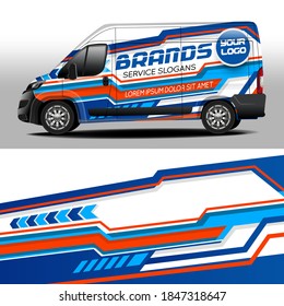 Vector delivery van design. Car sticker. Car design development for the company. Car branding. Blue background with orange and white stripes for car vinyl sticker
