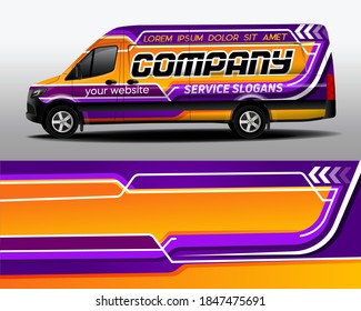 Vector delivery van design. Car sticker. Car design development for the company. Car branding. Purple background with orange and white stripes for car vinyl sticker
