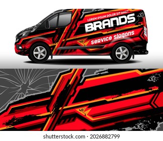 Vector delivery van design. Car sticker. Car design development for the company. Car branding. Sports red and black backdrop for car vinyl decal
