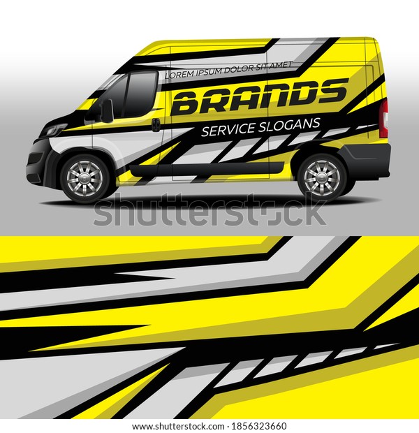 Vector delivery van design. Car sticker. Car\
design development for the company. Black with yellow background\
for car vinyl sticker\
