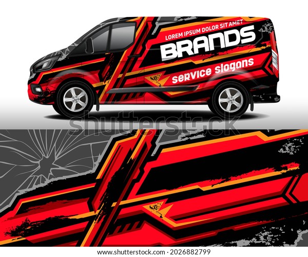 Vector delivery van design. Car sticker. Car\
design development for the company. Car branding. Sports red and\
black backdrop for car vinyl\
decal\

