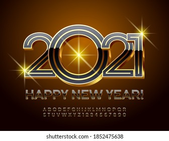 Vector deluxe greeting card Happy New Year 2021! 3D Black and Gold Font. Premium creative Alphabet Letters and Numbers set