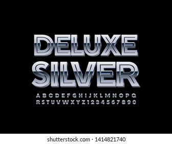 Vector Deluxe Silver Alphabet Letters And Numbers. Metal Uppercase Font