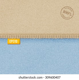 Vector denim background consisting of two parts, with double seam and a label