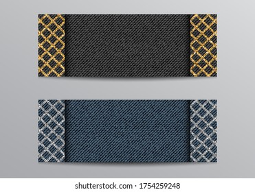 Vector denim black and blue banner templates with glittering lattice.