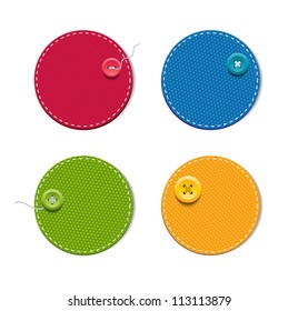 Vector denim fabric round colorful badges with buttons