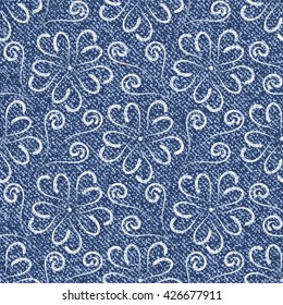 Vector Denim floral background. Jeans background with abstract flowers. Denim seamless pattern. Blue jeans cloth.