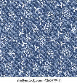 Vector Denim floral background. Jeans background with flowers. Denim seamless pattern. Blue jeans cloth.