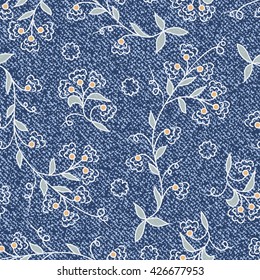 Vector Denim floral background. Jeans background with flowers. Denim seamless pattern. Blue jeans cloth.