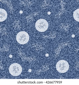 Vector Denim floral background. Jeans background with flowers. Denim seamless pattern. Blue jeans cloth.