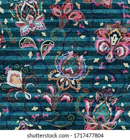 Vector Denim floral seamless pattern. Jeans background with fantasy flowers. Blue jeans cloth background