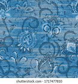 Vector Denim floral seamless pattern. Jeans background with fantasy flowers. Blue jeans cloth background