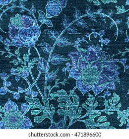 Vektor Denim Blumen nahtloses Muster. Jeanischer Hintergrund mit Fantasy-Blumen. Blaue Jeans, Stoffhintergrund