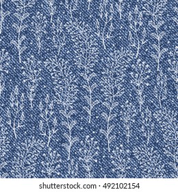 Vector Denim floral seamless pattern. Wildflowers and Grass background. Blue Jeans cloth background with Wild Flowers