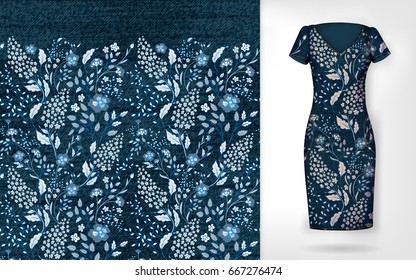 Vector denim floral seamless pattern on realistic dress mockup. Wildflowers and Grass background. Country style. Blue Jeans cloth background with Wild Flowers